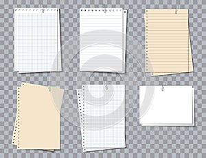 Memo pad paper. Different notebook sheets with clip. Notepaper with lines and grid. Piece of paper of notepad for note, notice and