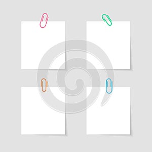 Memo paper with paperclip for office paperwork. Fastener, paperclip with blank notepaper. Attaching binder with white note sheet.