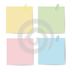 Memo paper with paperclip for office paperwork. Fastener, paperclip with blank notepaper. Attaching binder with white