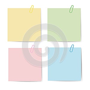 Memo paper with paperclip for office paperwork. Fastener, paperclip with blank notepaper. Attaching binder with white photo