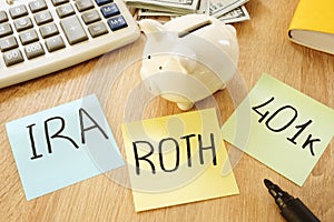 Memo with words IRA 401k ROTH. Retirement plans. photo