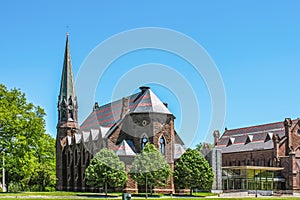 Memorial Chapel and Zelnick Pavilion  - Gothic revival brownstone located on Wesleyan University Campus in Middletown Connecticut