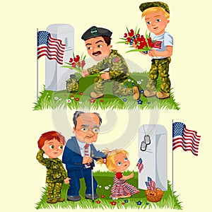 Memorial Day, adult man with children in military cemetery near grave with white monument to veteran, family boy and