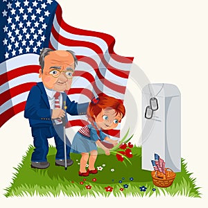 Memorial Day, adult man with children in military cemetery near grave with white monument to veteran, family boy and