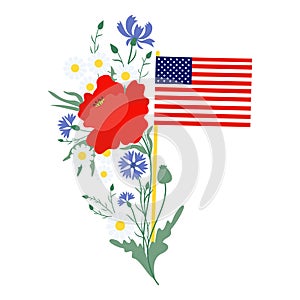 Memorial Day. American flag with with bouquet flowers red poppy, blue cornflowers and white chamomile. Vector