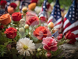 Memorial Day. American flags and flowers in a cemetery in the United States of America
