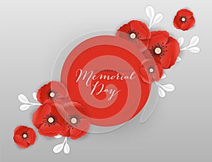 Memorial Day Banner with Red Paper Cut Poppy Flowers. Remembrance Day Poster with Symbol of Peace Poppies for Flyer, Brochure photo