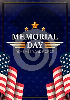 memorial day banner vector illustration, usa flag waving with stars on bright background.