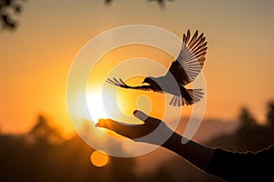 memorial Day, a bird takes off from a hand, a pigeon in flight, sunset or dawn light