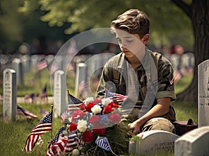 Memorial Day. Boy with flowers at thebCemetery