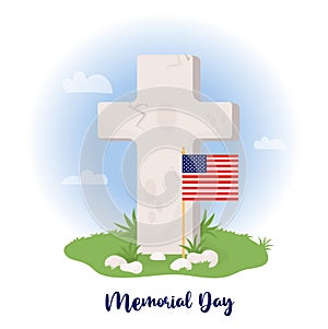 Memorial Day card. Grave cross with American flag and grass with stones. Veterans Military Cemetery. Vector illustration