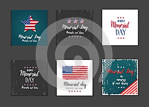 Memorial Day card set. National american holiday illustration with american flag, stars and Hand made lettering - Memorial day.