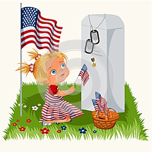 Memorial Day, childs on military cemetery, little girl lays flowers on grave war veteran, family children honoring