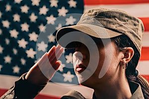 Memorial day. A close up portrait of female soldier in uniform salutes against the background of the American flag. The concept of