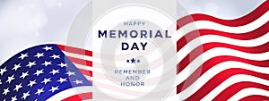 Memorial Day holiday banner, USA flag waving on bright background. Design template for sale, discount,