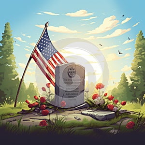 Memorial Day - illustration with USA flag and headstone