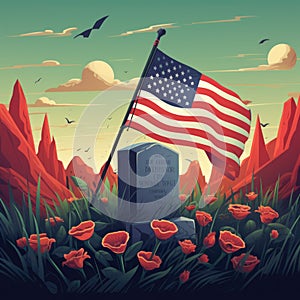 Memorial Day - illustration with USA flag and headstone