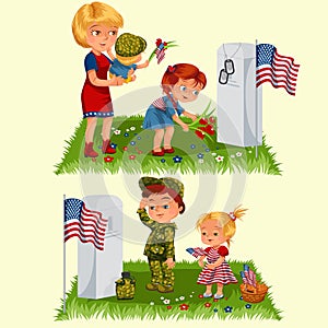 Memorial Day, mother with child on cemetery, little girl lays flowers on grave, family Wife with children honoring