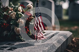 Memorial day photo with american flags in the cemetery. Generative AI
