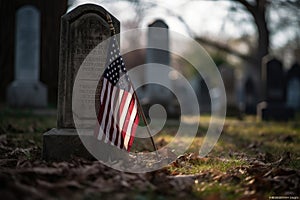 Memorial day photo with american flags in the cemetery. Generative AI