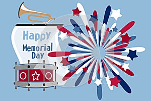 Memorial Day poster. Patriotic holiday banner with flags, fireworks in American traditional colors. USA national event card print.