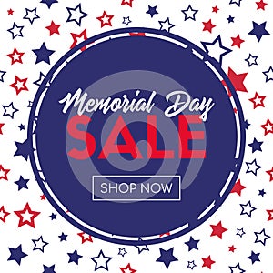 Memorial day sale. Vector banner template with stars pattern and round frame photo