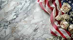 Memorial Day Tribute: American Flag and White Roses on Marble Table