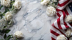 Memorial Day Tribute: American Flag and White Roses on Marble Table