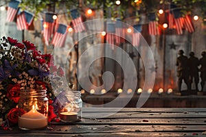 Memorial Day tribute with flags, fresh flowers, and soldier silhouettes against a rustic wooden backdrop