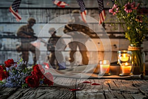 Memorial Day tribute with flags, fresh flowers, and soldier silhouettes against a rustic wooden backdrop