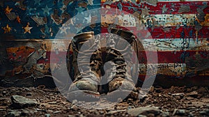 Memorial Day Tribute: Old Army Combat Boots Against American Flag, Honoring Fallen Soldiers Worldwide - Generative AI