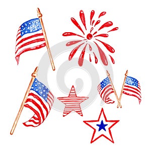 Memorial day watercolor set with US flags, stars and saluting firework, isolated on white background