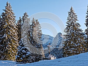 Crucifixion memorial between fir trees by snowy mountain landscape photo
