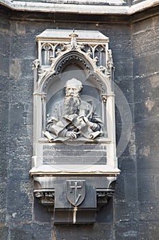 Memorial plaque of Friedrich von Schmidt on the tower of Cathedral of Saint Stephen in Vienna Austria.