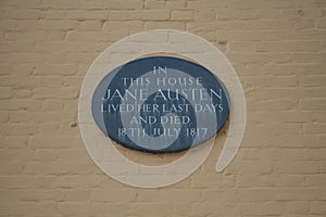 Memorial plaque on Jane Austen`s house in Winchester