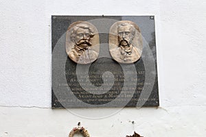 Memorial plaque to writers Janos Arany and Imre Madach in spa town Sliac