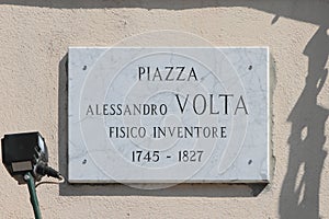 Memorial plate with name of physicist-inventor Alessandro Volta. Como, Italy