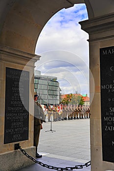 Warsaw, Poland - September 2015: Military parade, Polish soldiers at The Tomb of the Unknown Soldier