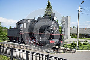 Memorial steam locomotive Em 721-83 mounted on the station Petrokrepost, Leningrad region