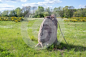 Memorial stone for the abandoned village of Lankow in Mecklenburg, which was geschleift, meaning razed, by the GDR government,