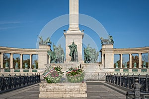 Memorial Stone Cenotaph and Seven chieftains of the Magyars Sculptures at Millennium Monument at Heroes Square - Budapest, Hungary