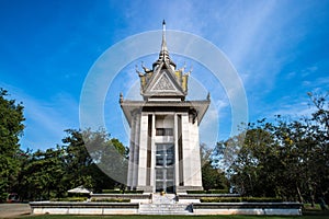 The memorial stupa of the Choeung Ek Killing Fields, containing some of the Khmer Rouge victims' remains. Near Phnom Penh,