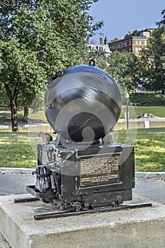 Memorial to World War I North Sea Mine Sweepers standing on the hill that overlooks the Frog Pond in Boston Common, near the