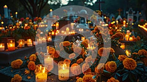 Memorializing Loved Ones: Candlelight Vigil on All Saints Day with Illuminated Graves and Marigold Flowers