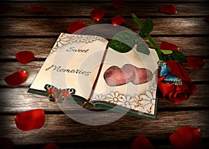 Memories concept - book, rose and butterflies on