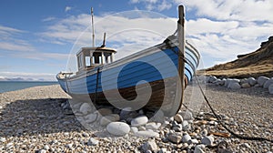 Memories revived old fishing boat on sandy seashore reflects tranquil coastal days
