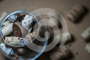 Memories about vacation. Seashell, Wine cork, Chestnuts and Cones in Glass