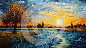 Memories Of Van Gogh: Energetic Impasto Sunset Painting Over A River photo