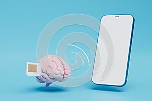 memorization of information from the SIM card. brain with a SIM card and a Wi-Fi icon and a smartphone. 3D render photo
