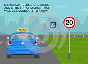 Memorize rules, road signs and other informations. Back view of a student driver car on test road with traffic signs. photo